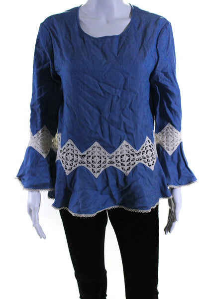 Jonathan Simkhai Womens Chambray Crochet Trim Blouse Blue Beige Size Medium