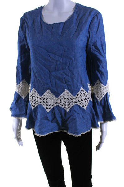 Jonathan Simkhai Womens Chambray Crochet Trim Blouse Blue Beige Size Medium