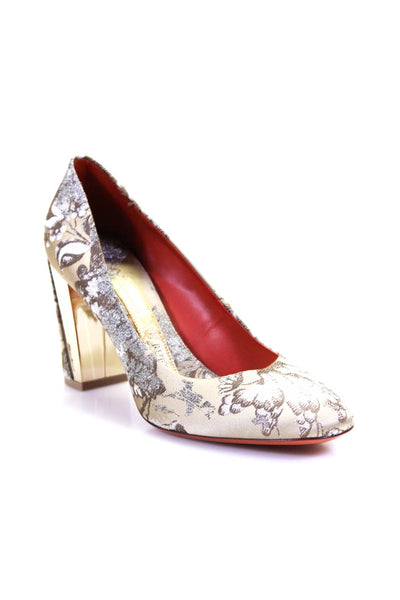 Santoni Womens Round Toe Textured Brocade Block Heel Pumps Beige Size 9