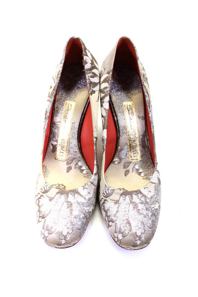 Santoni Womens Round Toe Textured Brocade Block Heel Pumps Beige Size 9