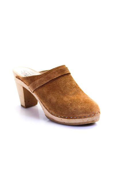 Maguba Womens Suede Mid Block Heel Slip On Mules Clogs Camel Brown Size 9US 39EU