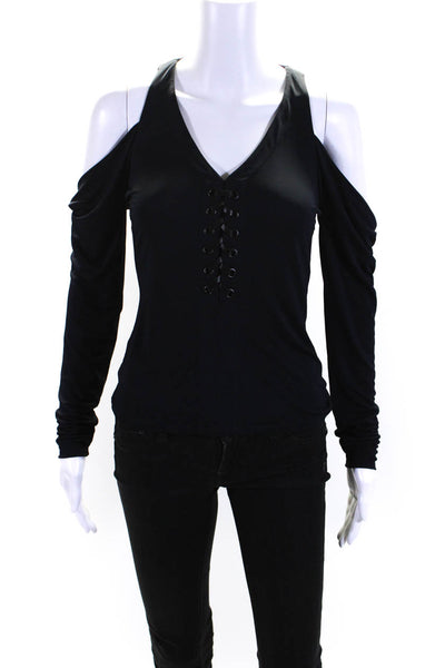 Yigal Azrouel Womens Lace Up Detail V Neck Cold Shoulder Blouse Black Size 0