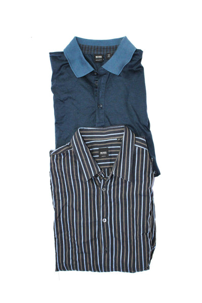 Boss Hugo Boss Mens Cotton Striped Print Button Collared Tops Blue Size XL Lot 2