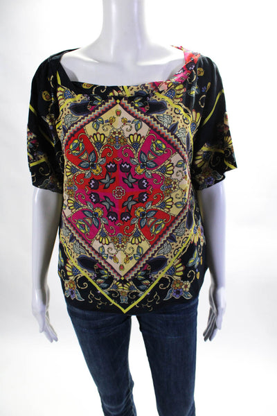 Roi Womens Short Sleeve Floral Scarf Print Top Blouse Multicolor Silk Size Small