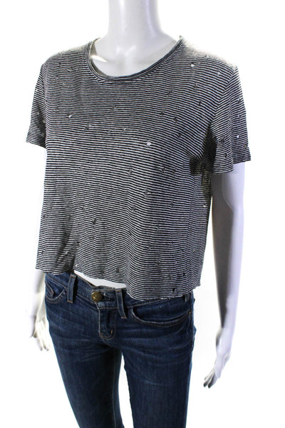 IRO Womens Striped Short Sleeve Distressed Crop Tee Shirt Black White Linen XS