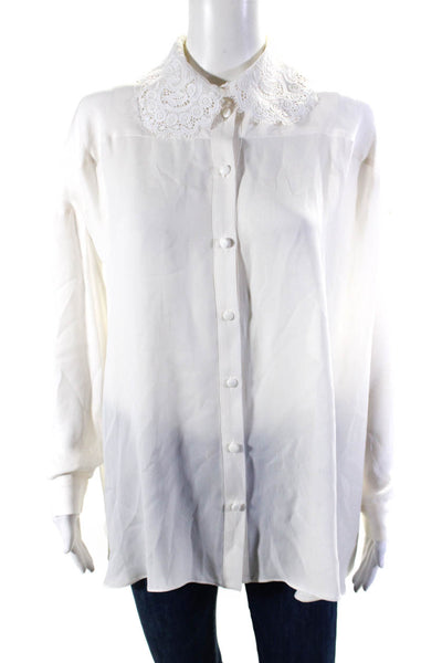 Divine Heritage Womens Lace Collar Long Sleeve Button Up Blouse White Silk XS