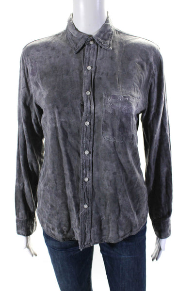 NSF Womens Distressed Acid Washed Long Sleeve Button Up Top Blouse Gray Small