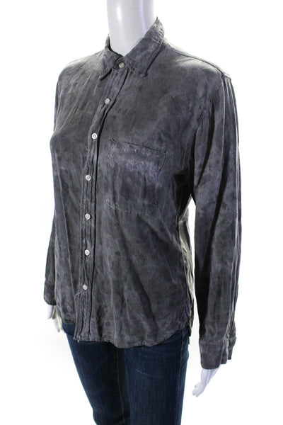 NSF Womens Distressed Acid Washed Long Sleeve Button Up Top Blouse Gray Small