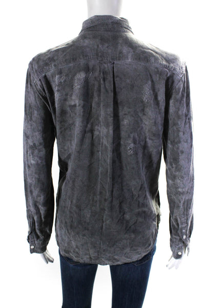 NSF Womens Distressed Acid Washed Long Sleeve Button Up Top Blouse Gray Small