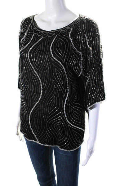 Designer Womens Beaded Short Sleeve Boat Neck Top Blouse Black Size Medium