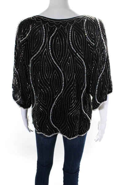 Designer Womens Beaded Short Sleeve Boat Neck Top Blouse Black Size Medium