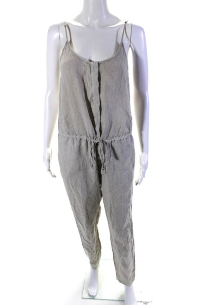 Enza Costa Womens Scoop Neck Button Up Drawstring Jumpsuit Beige Size 0