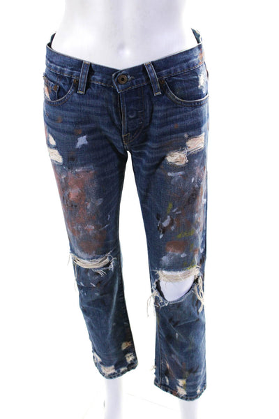 NSF Women Ripped Paint Splatter Mid Rise Crop Straight Slouch Jeans Blue Size 24