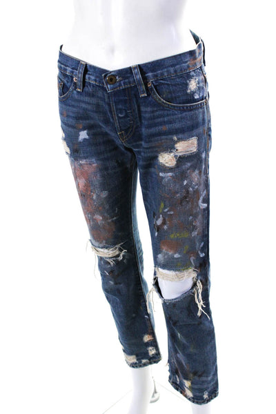 NSF Women Ripped Paint Splatter Mid Rise Crop Straight Slouch Jeans Blue Size 24