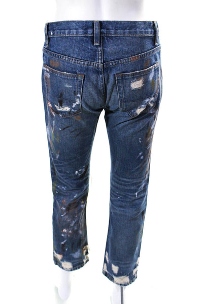 NSF Women Ripped Paint Splatter Mid Rise Crop Straight Slouch Jeans Blue Size 24