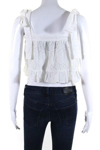 Paper London Women's Square Neck Tie Straps Eyelet Cropped Blouse White Size 6