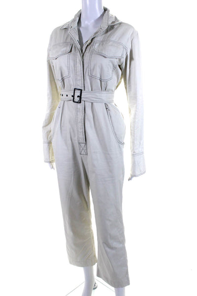 Orseund Iris Womens Button Front Belted Collared Jumpsuit White Cotton Small