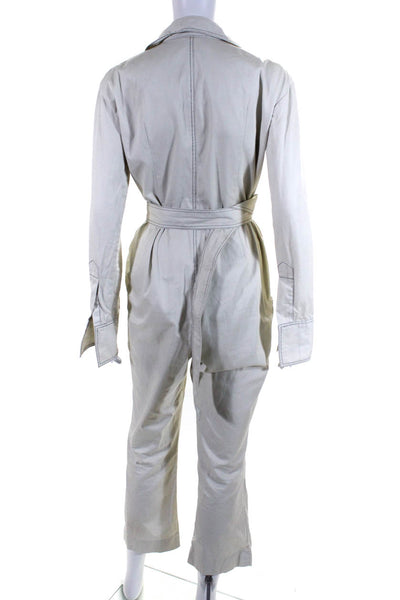 Orseund Iris Womens Button Front Belted Collared Jumpsuit White Cotton Small
