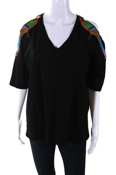 Anne Fontaine Womens Cold Shoulder Short Sleeves Embroidered Blouse Black Size 4