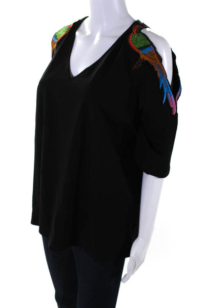 Anne Fontaine Womens Cold Shoulder Short Sleeves Embroidered Blouse Black Size 4