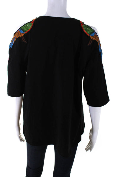 Anne Fontaine Womens Cold Shoulder Short Sleeves Embroidered Blouse Black Size 4