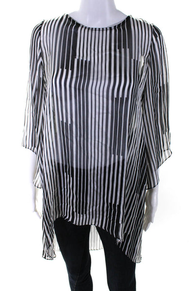 Anne Fontaine Women's Round Neck Long Sleeves Sheer Blouse Black Stripe Size 40