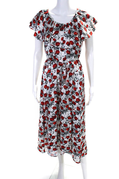 Designer Womens Sleeveless Ruffled Floral Silk Midi Dress White Red Size Small