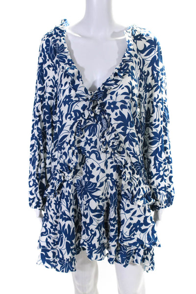 Free People Womens Blue Floral Print V-Neck Long Sleeve Shift Dress Size M