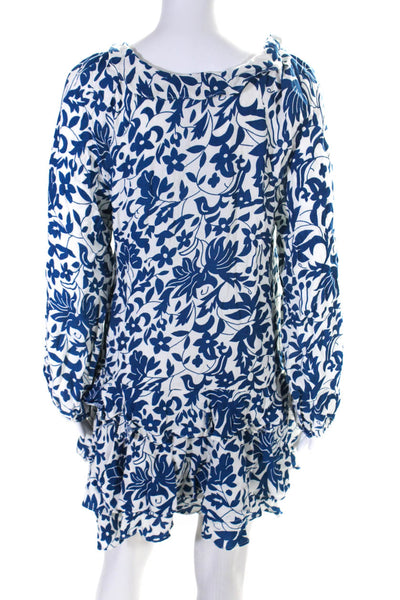 Free People Womens Blue Floral Print V-Neck Long Sleeve Shift Dress Size M