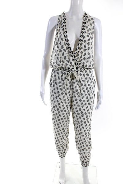 Flannel Womens Embroidered Floral Surplice Jumpsuit White Black Size 0