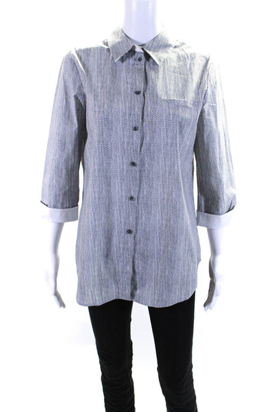 Lafayette 148 New York Womens Cotton Spotted Print Buttoned Blouse Gray Size M