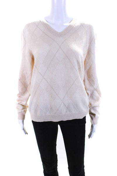 Lafayette 148 New York Womens Cashmere Argyle Long Sleeve Sweater Beige Size L