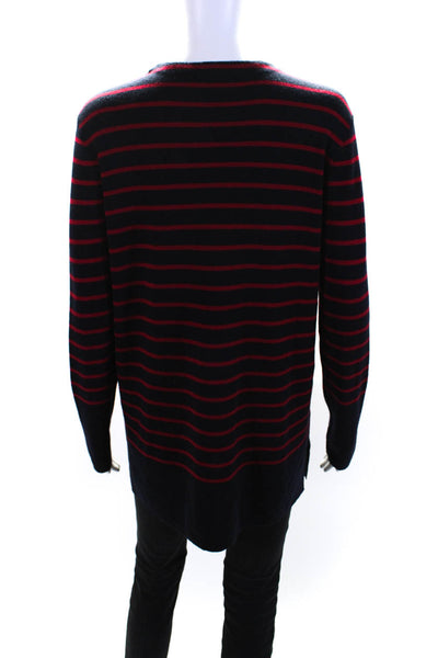 Tory Burch Womens Merino Wool Striped Long Sleeve Pullover Sweater Black Size L