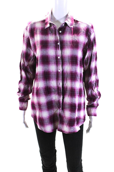 Hartford Womens Cotton Long Sleeve Button Down Plaid Shirt Pink Size 3