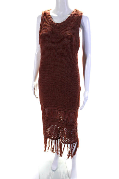 Moon River Womens Scoop Neck Crochet Knit Fringe Midi Dress Dark Pink Size Large