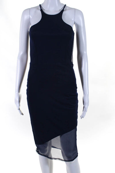 Donna Mizani Women's High Neck Spaghetti Sleeveless Sheer Midi Dress Blue Size S