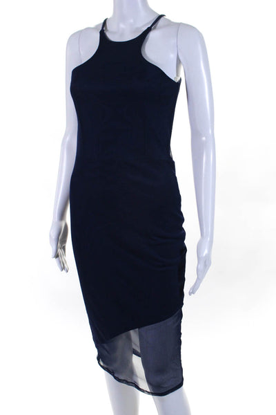 Donna Mizani Women's High Neck Spaghetti Sleeveless Sheer Midi Dress Blue Size S