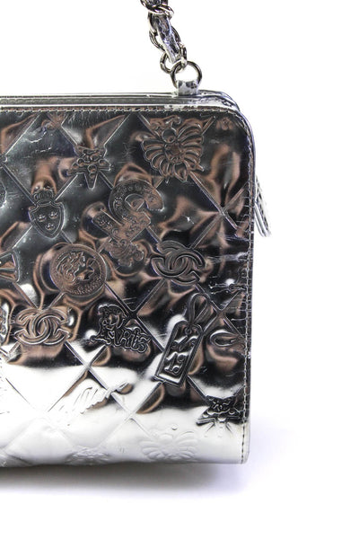 Chanel Womens Quilted Logo Precious Symbols Pochette Handbag Silver Tone Leather