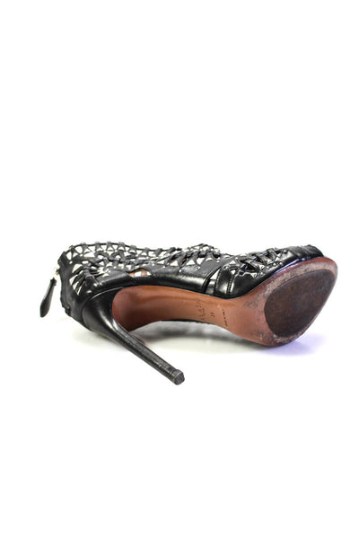 Alaia Womens Leather Strappy Studded Platform Peep Toe Heels Black Size 36 6