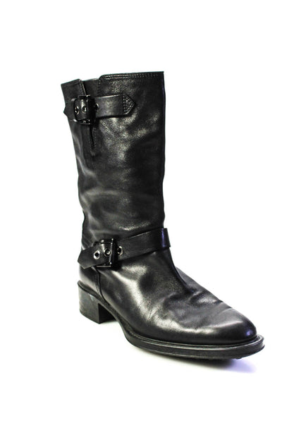 Tods Womens Black Leather Buckle Detail Midi Calf Boots Shoes Size 10