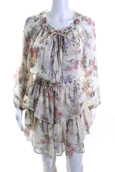 Love Shack Fancy Womens Silk Floral Print Ruffled Ruched Dress Beige Size S