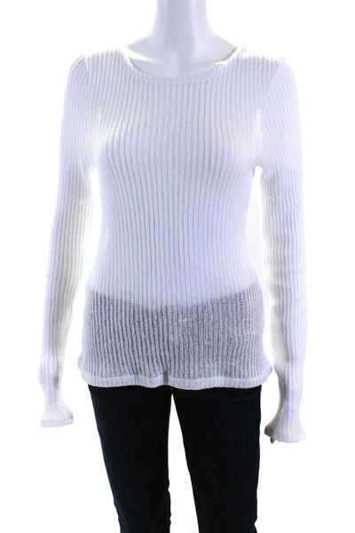 Vince Womens White Open Knit Crew Neck Long Sleeve Pullover Sweater Top Size M