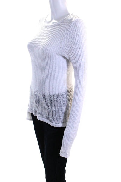 Vince Womens White Open Knit Crew Neck Long Sleeve Pullover Sweater Top Size M