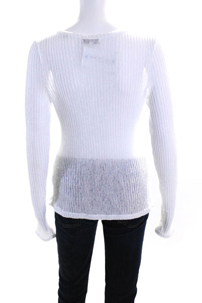 Vince Womens White Open Knit Crew Neck Long Sleeve Pullover Sweater Top Size M