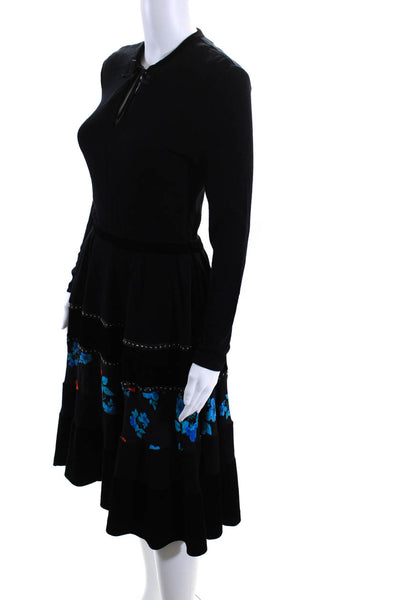 Maje Womens Black Velour Trim Floral V-Neck Long Sleeve Shift Dress Size 1