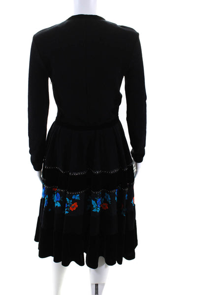 Maje Womens Black Velour Trim Floral V-Neck Long Sleeve Shift Dress Size 1