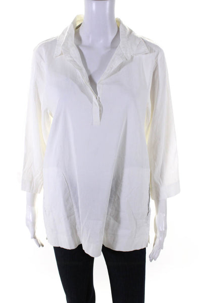 Eileen Fisher Womens Linen V-Neck Long Sleeve Collared Blouse White Size S