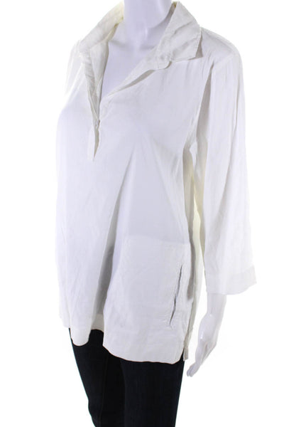 Eileen Fisher Womens Linen V-Neck Long Sleeve Collared Blouse White Size S