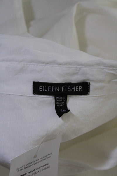 Eileen Fisher Womens Linen V-Neck Long Sleeve Collared Blouse White Size S