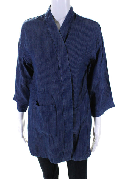 Eileen Fisher Womens Striped Print Open Front Long Sleeve Jacket Blue Size S